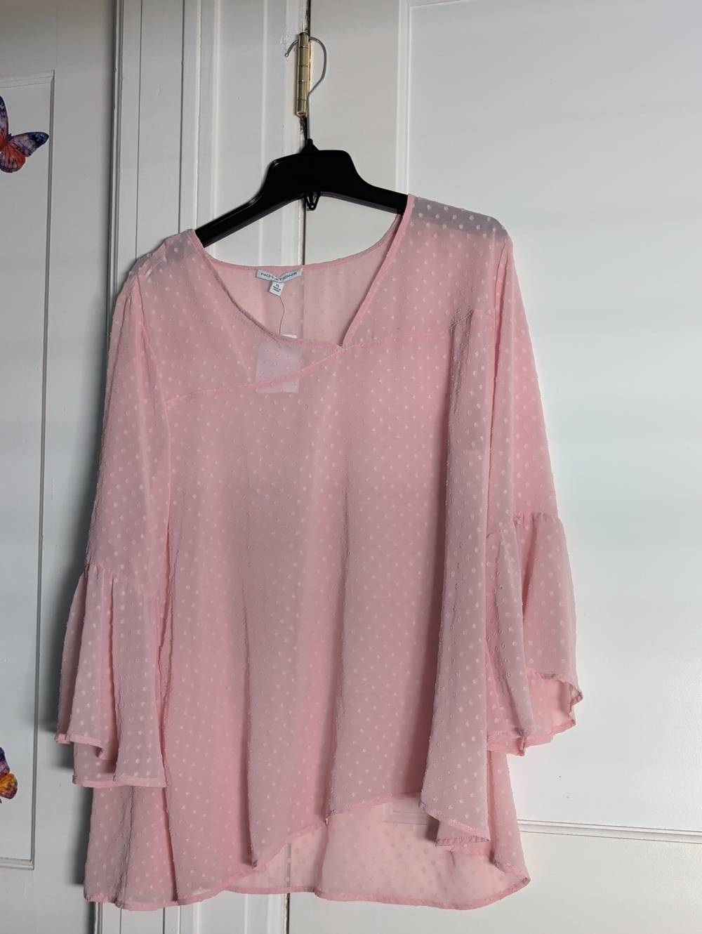 Notations Pink Swiss Dot Flutter Sleeve Top